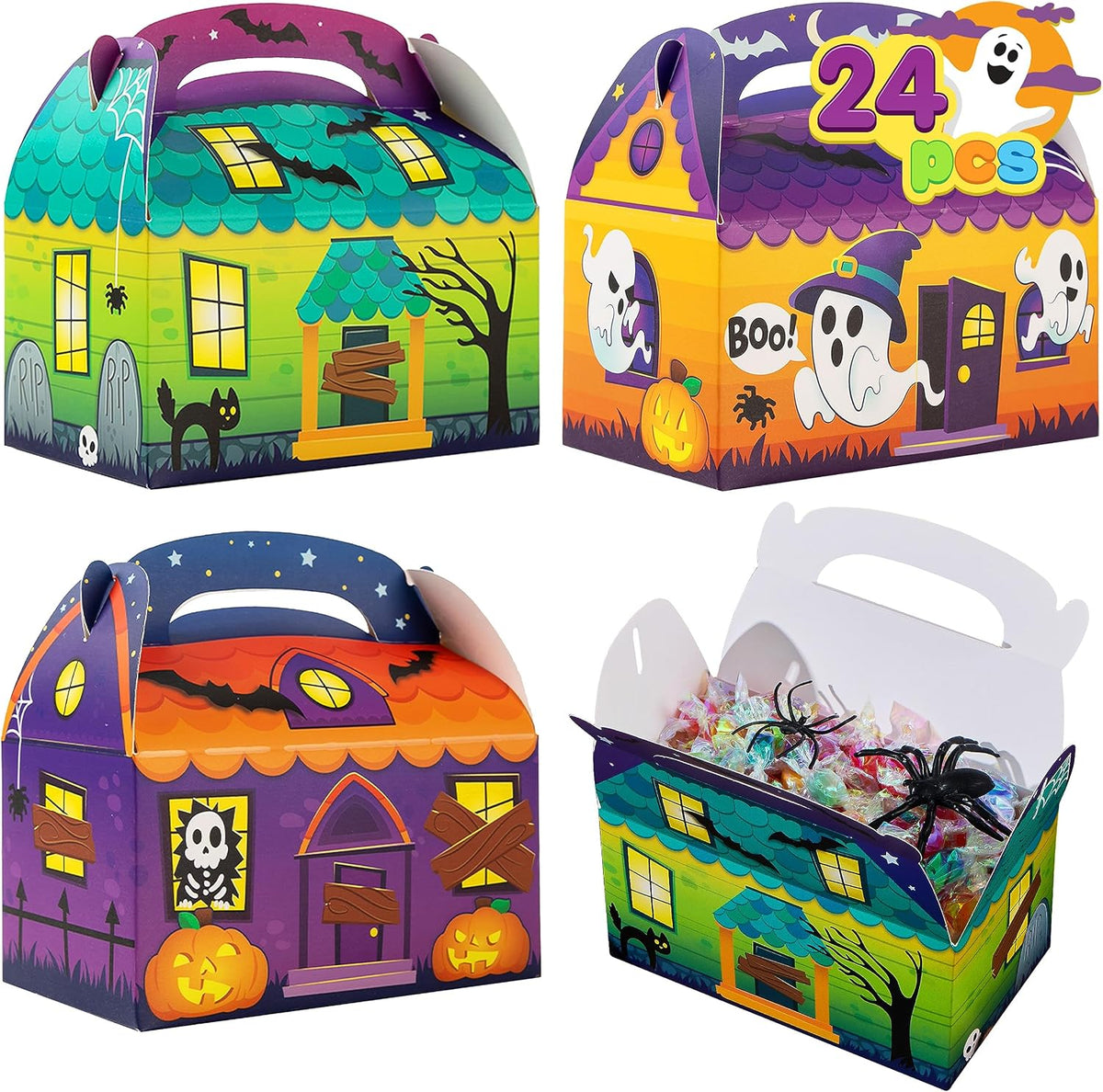 JOYIN 24 PCS Halloween Treat Boxes Cookie Boxes, House Cardboard for Treat Candy Bags Cookies Goodie Bags (5.6"x5.6"x3.2") Trick or Treat for Kids Children Halloween Party Favor Supplies