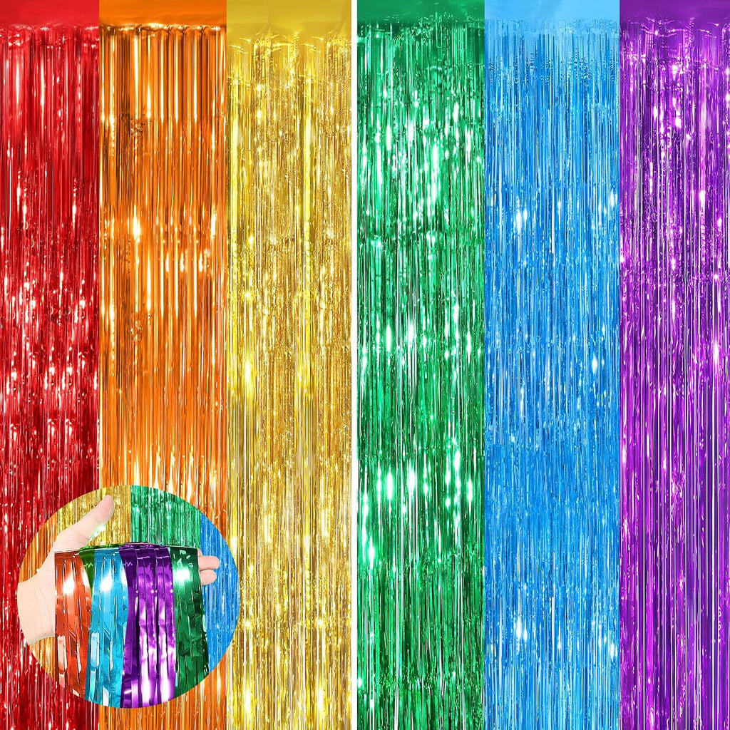 Rainbow Party Backdrop, 2Pack 3.3x8.3Ft Metallic Tinsel Foil Fringe Curtain