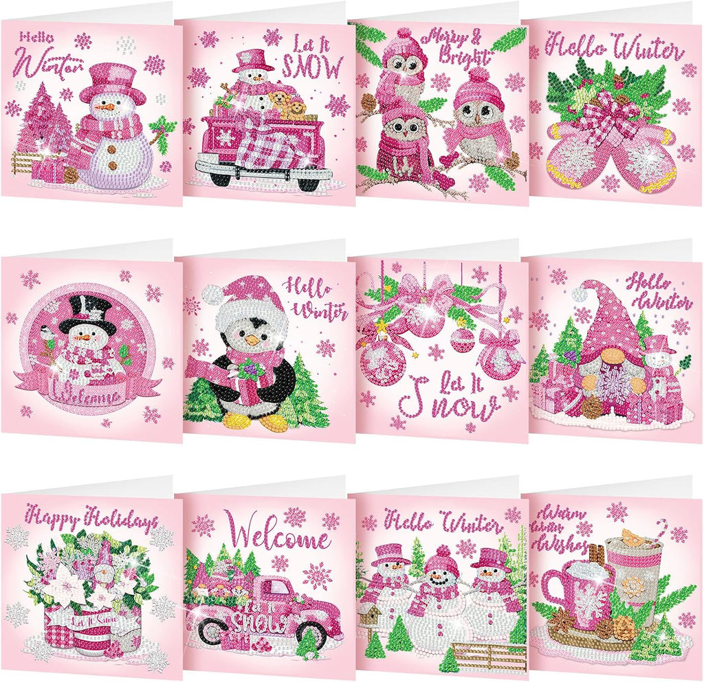 Saillong 12 Pack Pink Winter Diamond Painting Greeting Card Kits Winter Diamond Art Cards with Envelopes Snowman 5D Rhinestones Painting Making Kits for Adults DIY Craft Family Friend Holiday Gifts