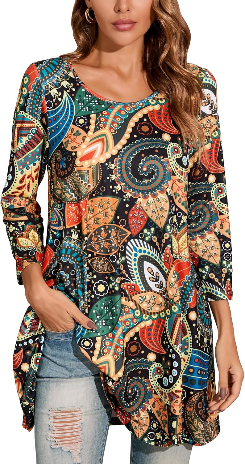 Zeagoo Womens Tops 3/4 Sleeve Loose Fit Dressy Tunics Plus Size Boho Shirts