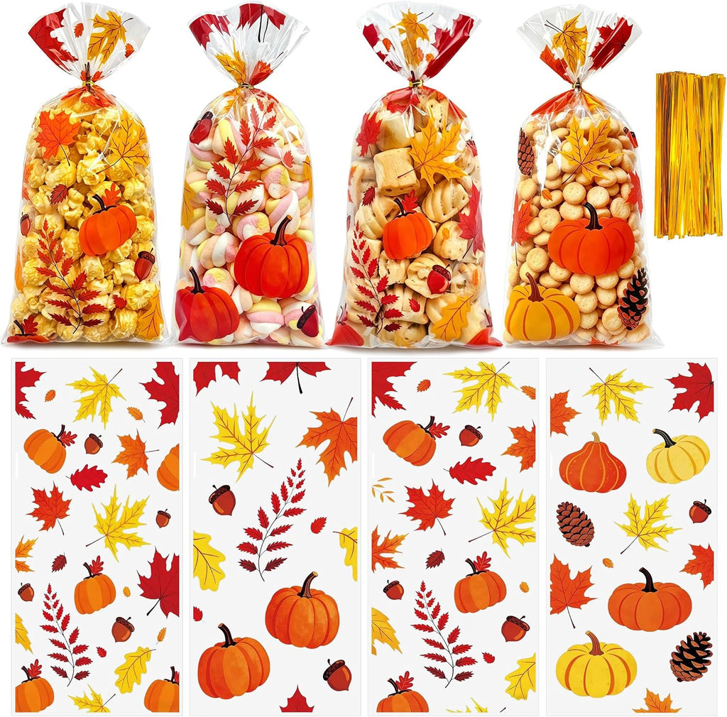 100Pcs Fall Cellophane Treat Bags, Thanksgiving Goodie Bags with Twist Ties