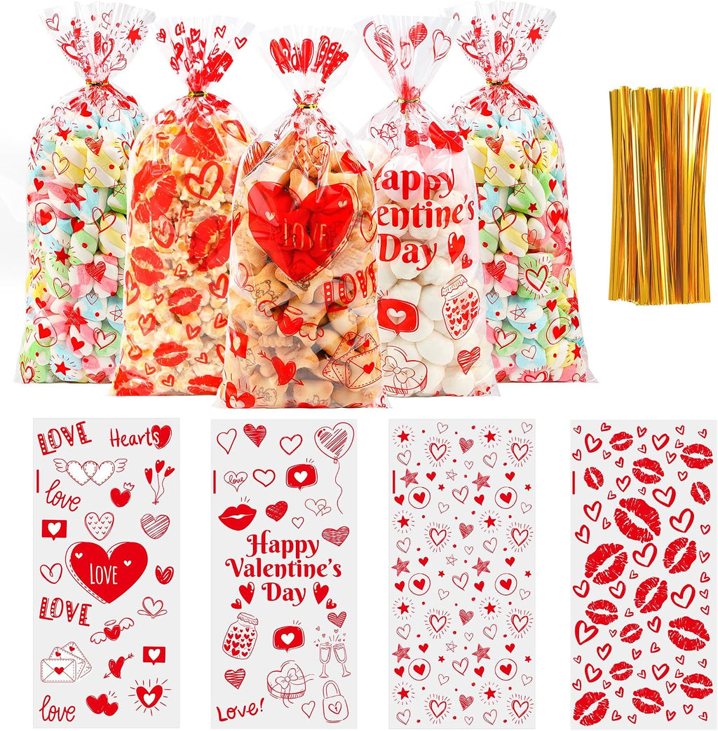 50PCS Valentines Goodie Bags - 5 x 11 Plastic Valentines Cellophane Treat Bags with Twist Ties, Red Heart & Love Design Valentine Candy Bags for Kids Classroom Exchange, Party Favors, Gifts, Cookies