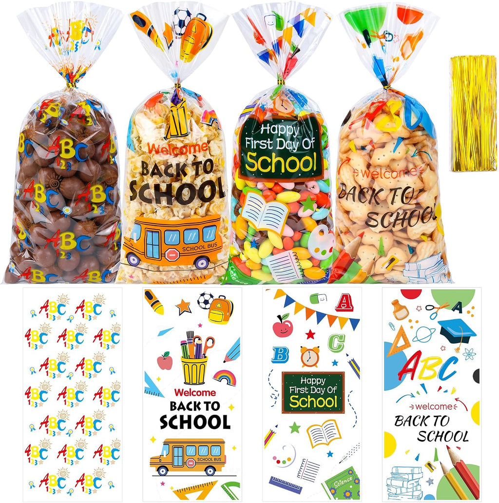 ZYLOP 50 Pcs Back to School Cellophane Treat Bags - 5x11 Inch Clear Cellophane Goodie Bags with 60 Gold Ties for Cookies, Candies, Classroom Gifts, Teachers' Rewards & School Reopening Party Favors
