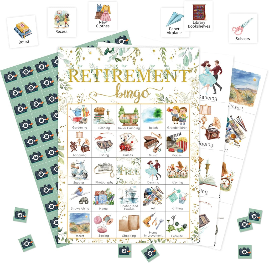 Retirement Bingo Game, Greenery Bingo Cards Set, Retirement Party Bingo Supplies for Adults, Family Friend Office Activities Favors Decorations for 24 Player, 01