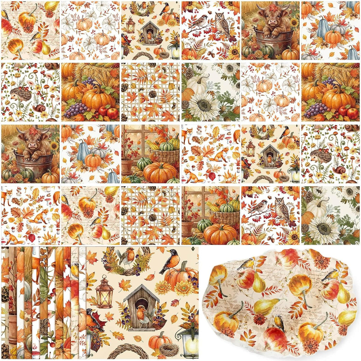 Tenceur 48 Pack 12 Styles Vintage Fall Napkins for Decoupage, 13 Inch