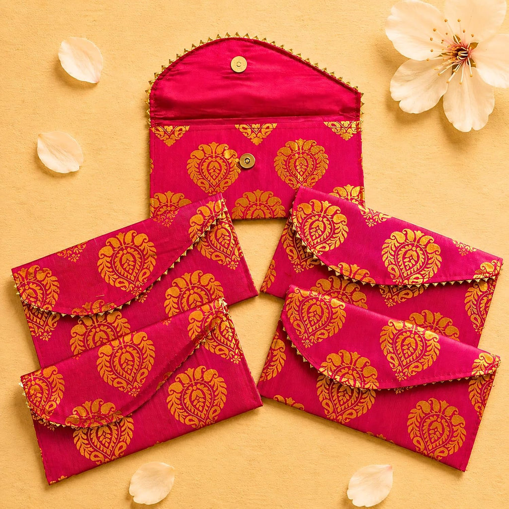 LoveNspire Brocade Fabric Money Envelopes (8 x 4 Inch) Decorative Floral Pattern Shagun Lifafa for Indian Wedding, Birthday | Cash Gift Holder & Home Savings Organizer Magenta/Pack of 20