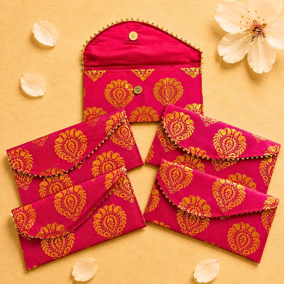 LoveNspire Brocade Fabric Money Envelopes (8 x 4 Inch) Decorative Floral Pattern Shagun Lifafa for Indian Wedding, Birthday | Cash Gift Holder & Home Savings Organizer Magenta/Pack of 20