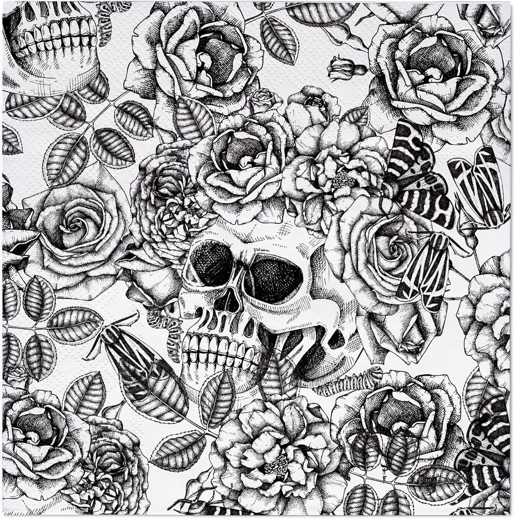 WRAPAHOLIC 50Pcs Halloween Cocktail Napkins - 3-Ply Black Gothic Skull Disposable Paper Napkins for Halloween, Birthday, Party - 5 x 5 In