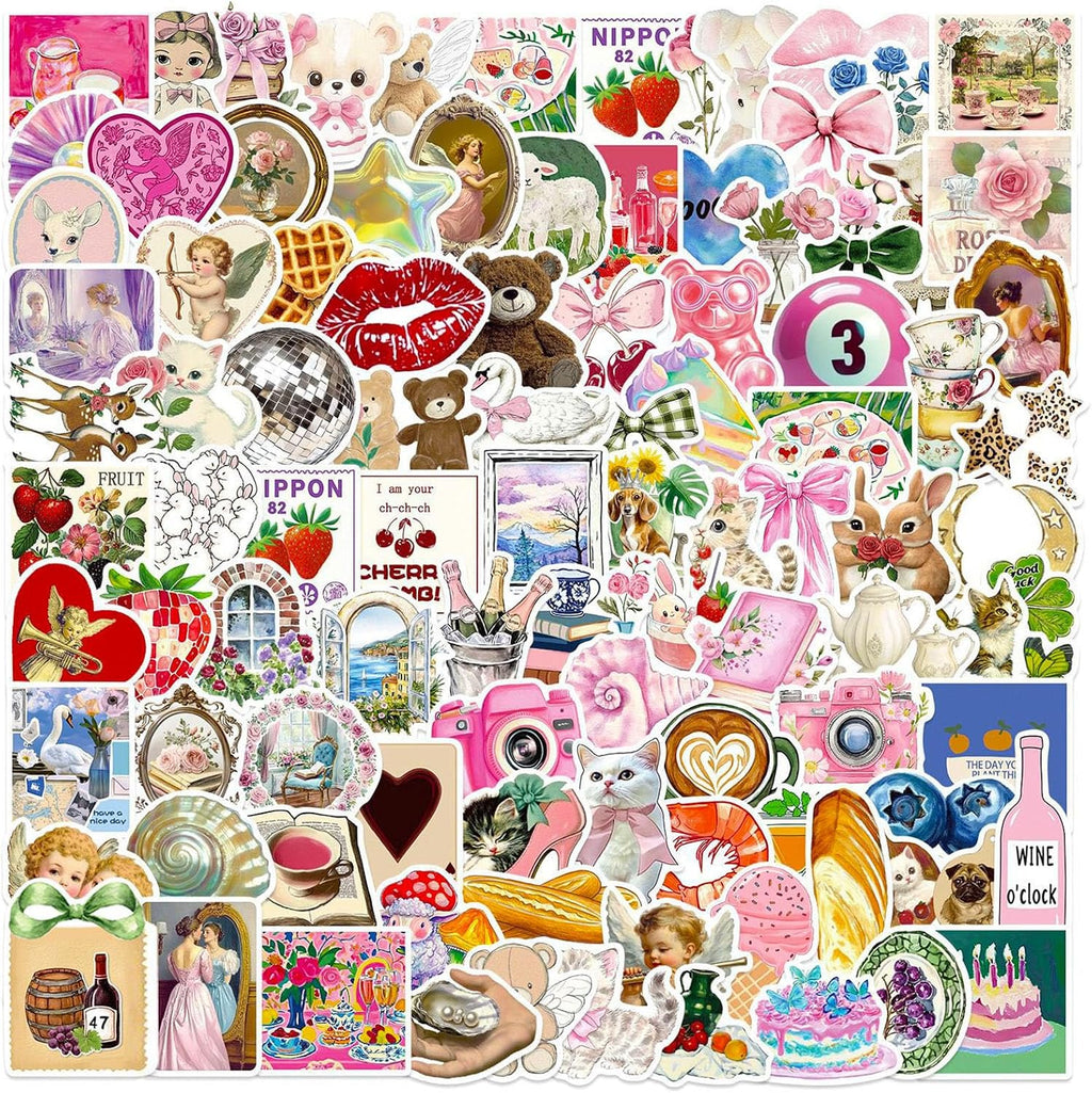 DothRayan 100pcs Y2K Coquette Pink Aesthetic Waterproof Stickers, Vintage Pink Girls Stickers for Water Bottles,Laptop Scrapbook Computer Phone Guitar Aesthetic Decals