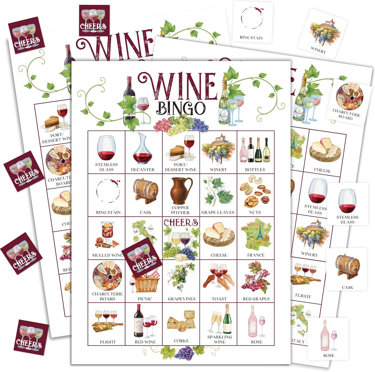 Wine Bingo Game, Wine Tasting Party Game Cards for Adults, 24 Players Holiday Cheers Activities for Family Friends, Winery Bridal Shower or Bachelorette Party Supplies Favor Decor, (006)