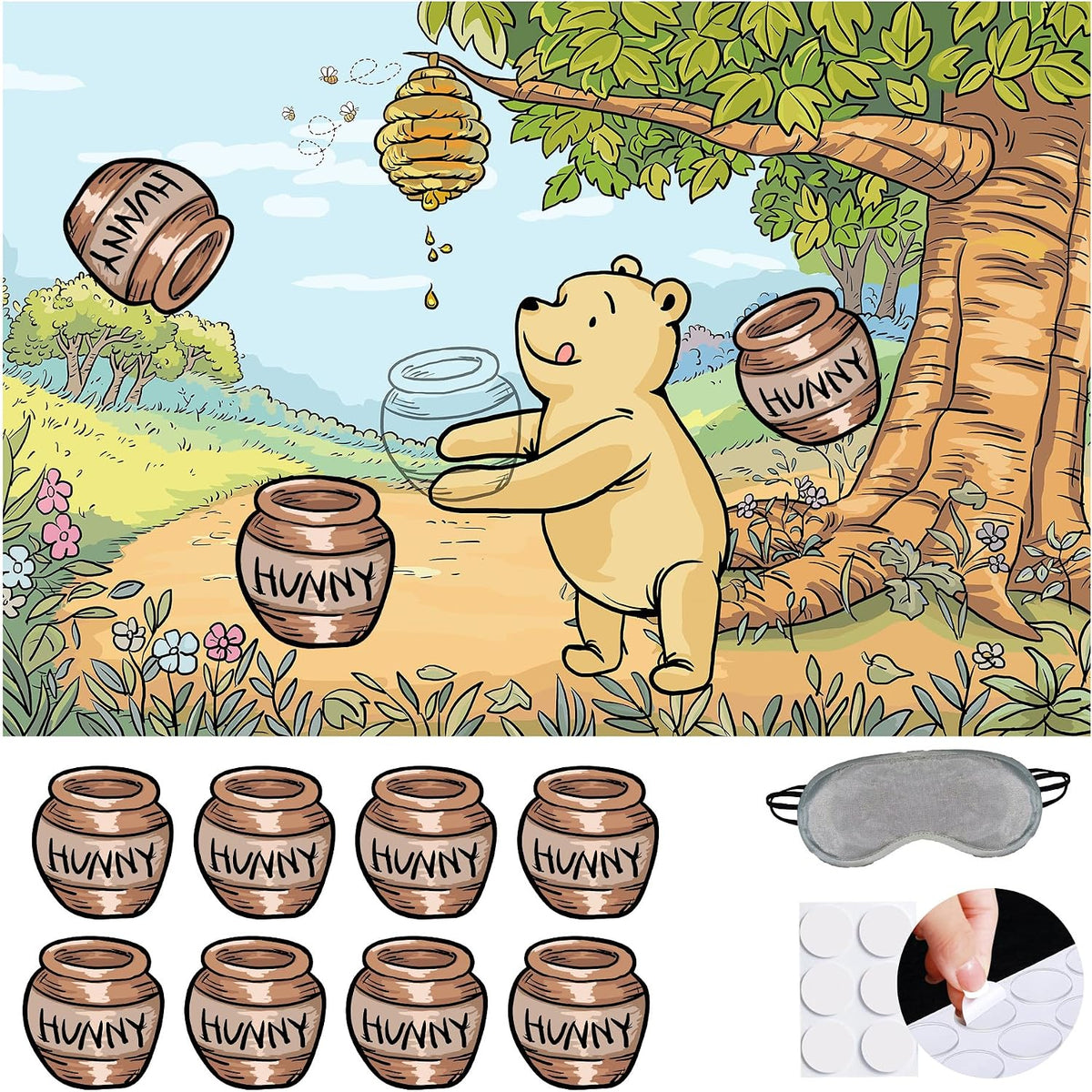 Winnie Catch Hunny for Pooh Fun Party Game for Pooh Baby Shower Birthday Decorations, Pin The Hunny Pot on Bear Poster with 20 Honey Pot Stickers and Blind Fold.