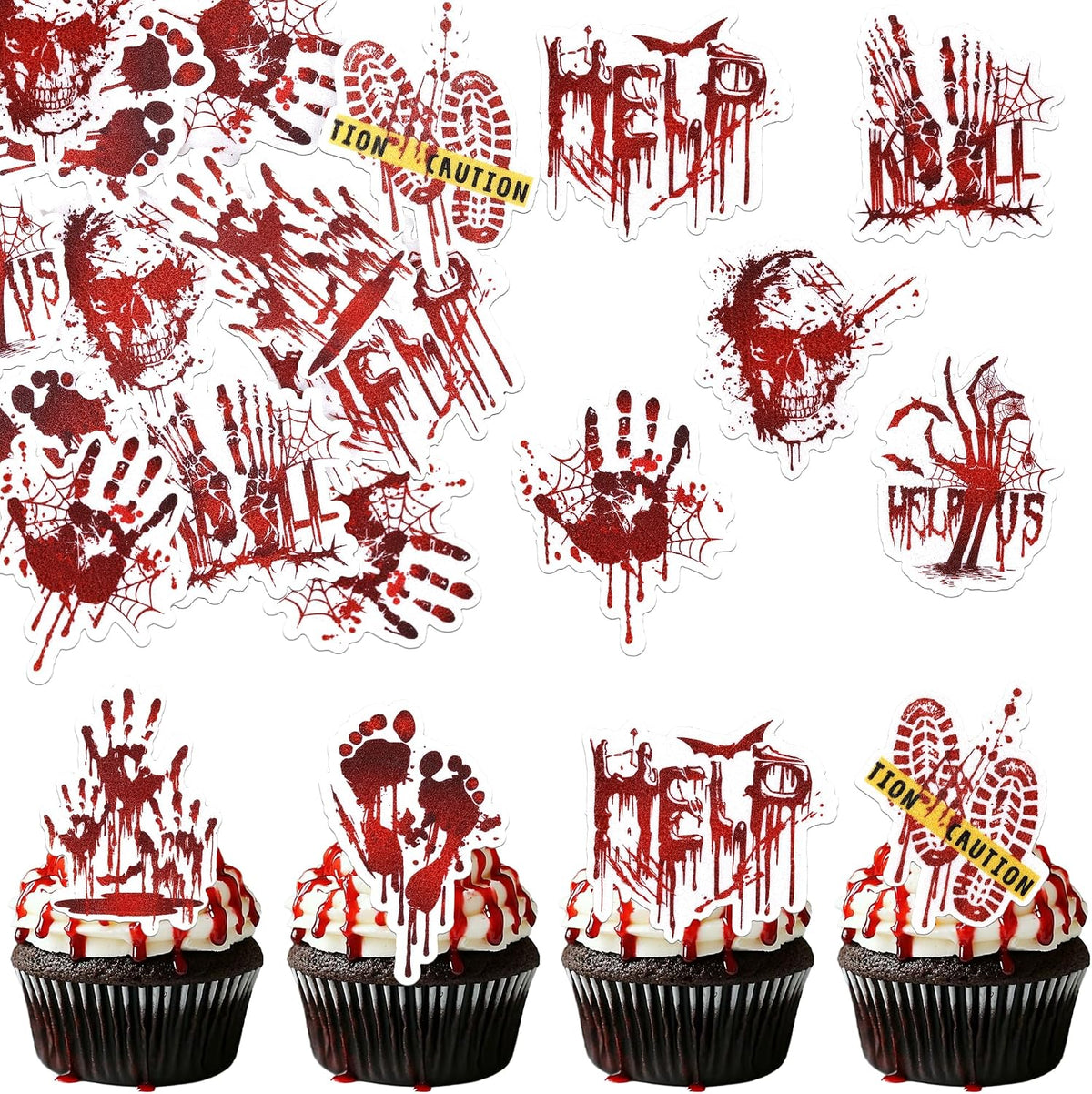 64 PCS Edible Halloween Cupcake Toppers Wafer Paper Horror Blood Skull Zombie Hand Bat Cupcake Picks Edible Have a Killer Birthday Cake Decorations for Halloween Theme Killer Birthday Party Supplies
