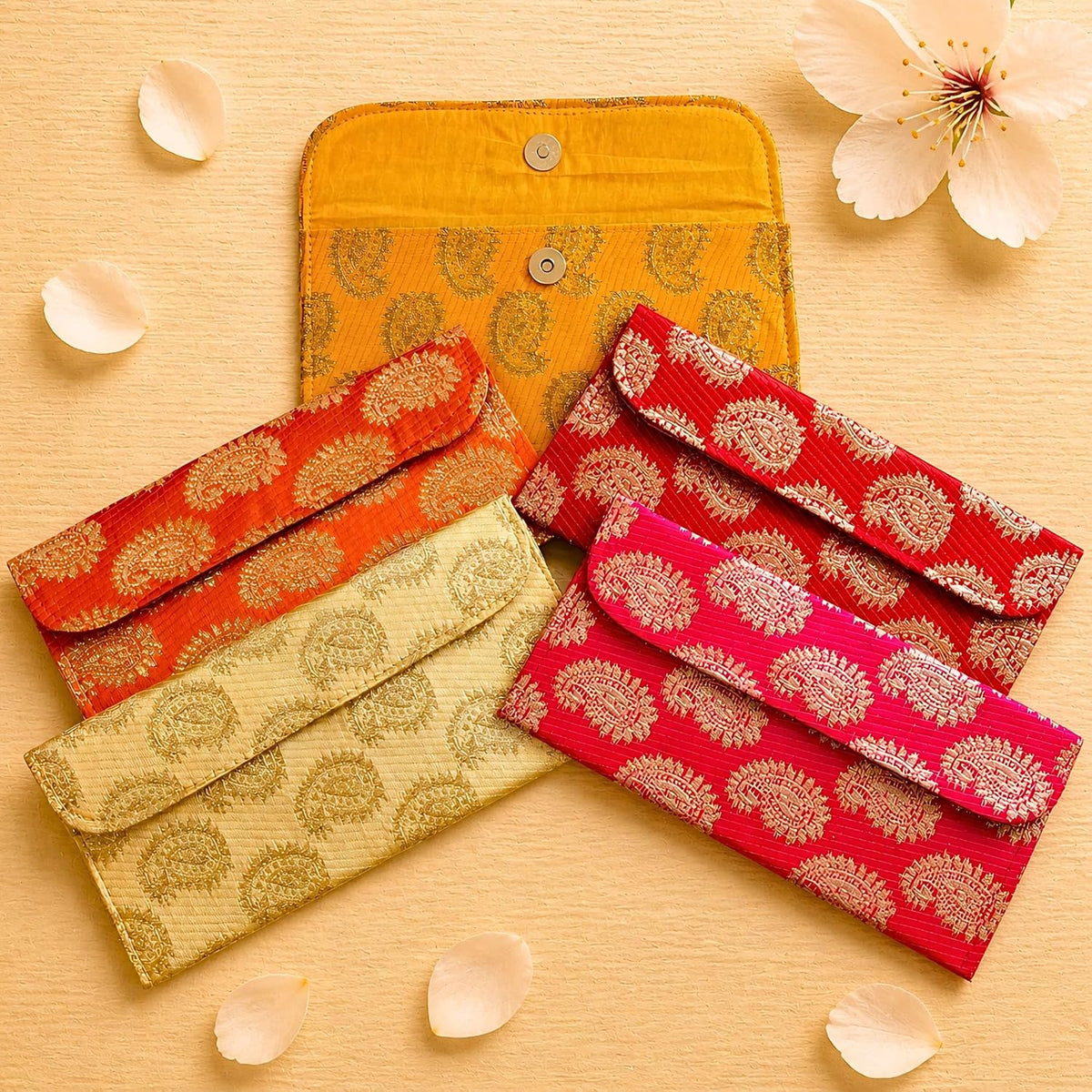 LoveNspire Brocade Fabric Money Envelopes (7.5 x 3.5 Inch) Decorative Paisley Pattern Shagun Lifafa for Indian Wedding, Birthday | Cash Gift Holder & Home Savings Organizer Assorted/Pack of 5