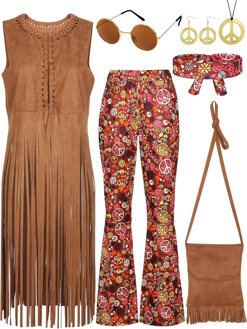 SOMSOC 7 Pieces 60s 70s Women Hippie Costume Fringe Vest Bag Pant Headband for Disco