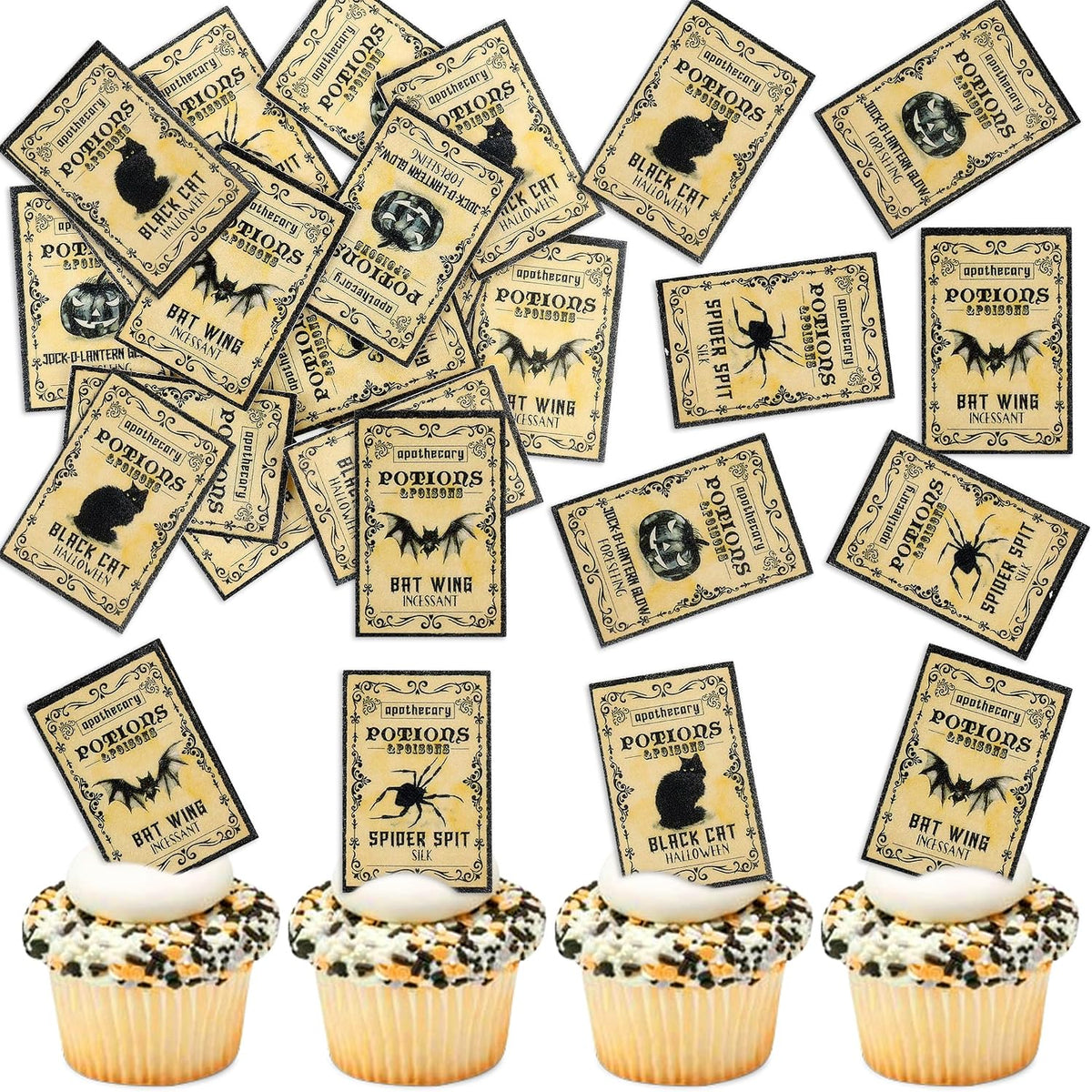Ercadio 50Pcs Edible Halloween Cupcake Toppers Edible Happy Halloween Cake Picks Retro Horror Spider Bat Black Cat Cupcake Decors for Baby Shower Party Cake Decor