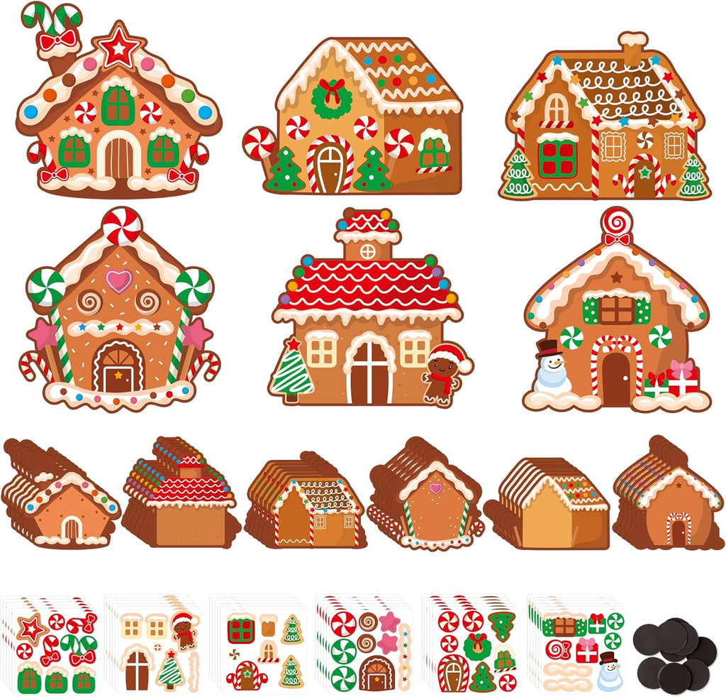 Haooryx DIY Christmas Gingerbread Magnet Craft Kit - 30Set Make Your Own Christmas Gingerbread House Decoration Sticker Paper Craft for Kid School Art Project Refrigerator Bulletin Board Holiday Decor