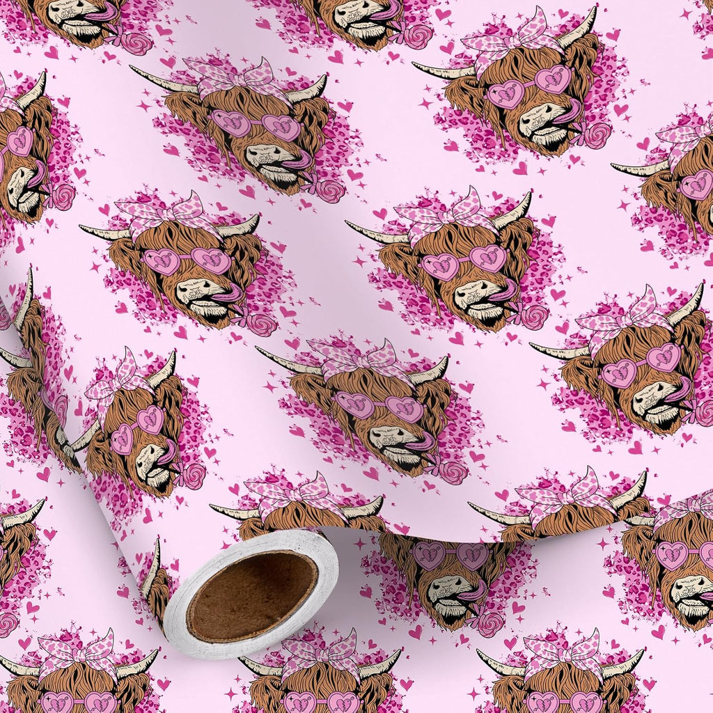 RUSPEPA Highland Cow Wrapping Paper Roll, Mini Roll, Floral Highland Cow with Heart Sunglasses Design, Pink Fun Gift Wrap for Kids, Girls, Valentine’s Day, Anniversary, Birthday, 17 Inches x 16.4 Feet
