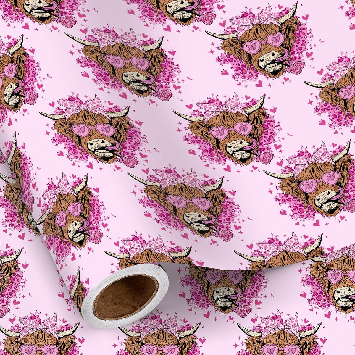 RUSPEPA Highland Cow Wrapping Paper Roll, Mini Roll, Floral Highland Cow with Heart Sunglasses Design, Pink Fun Gift Wrap for Kids, Girls, Valentine’s Day, Anniversary, Birthday, 17 Inches x 16.4 Feet