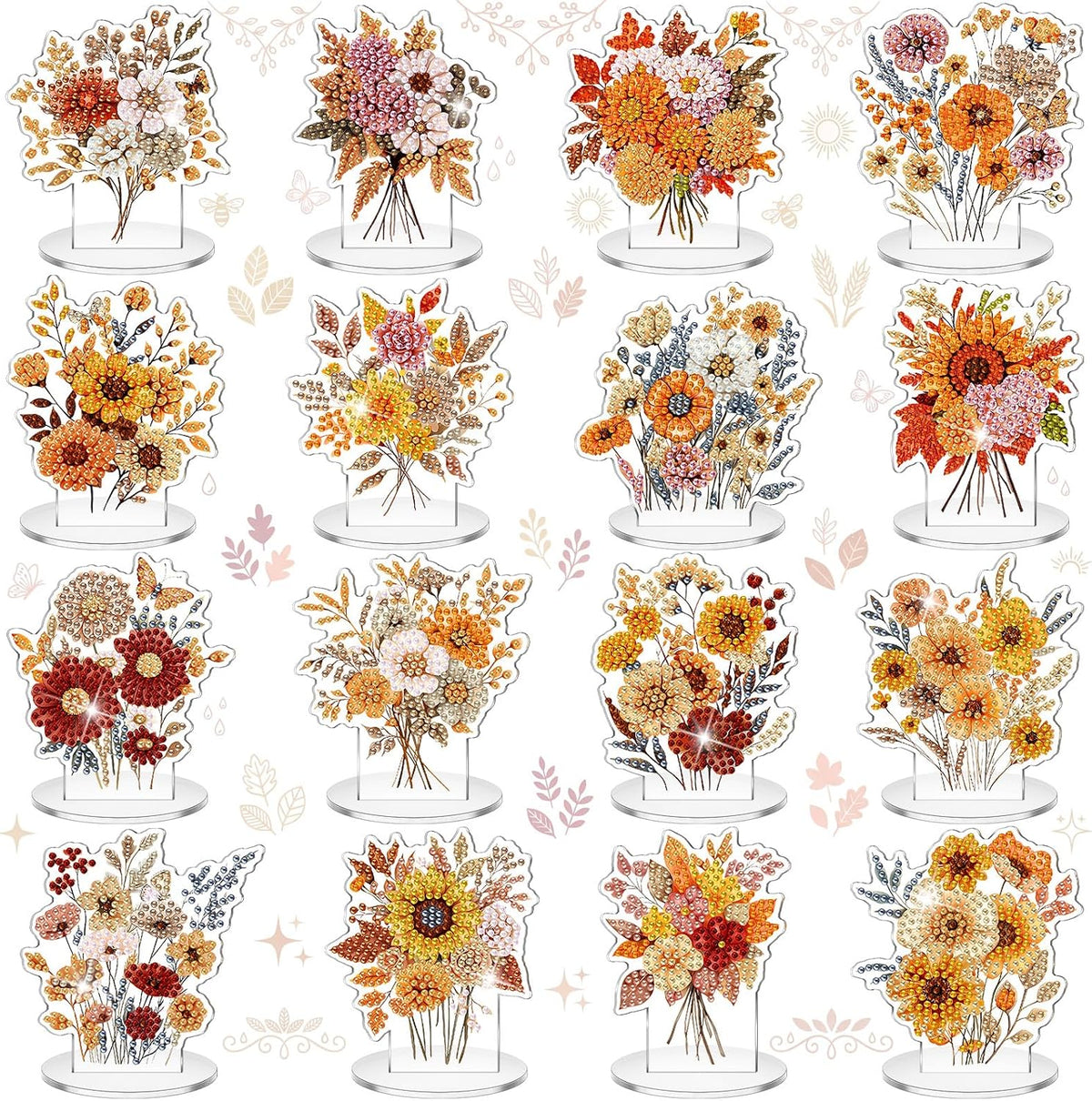 Kosiz 16 Pcs Fall Wildflower Diamond Art Tabletop Decor Fall Diamond Art
