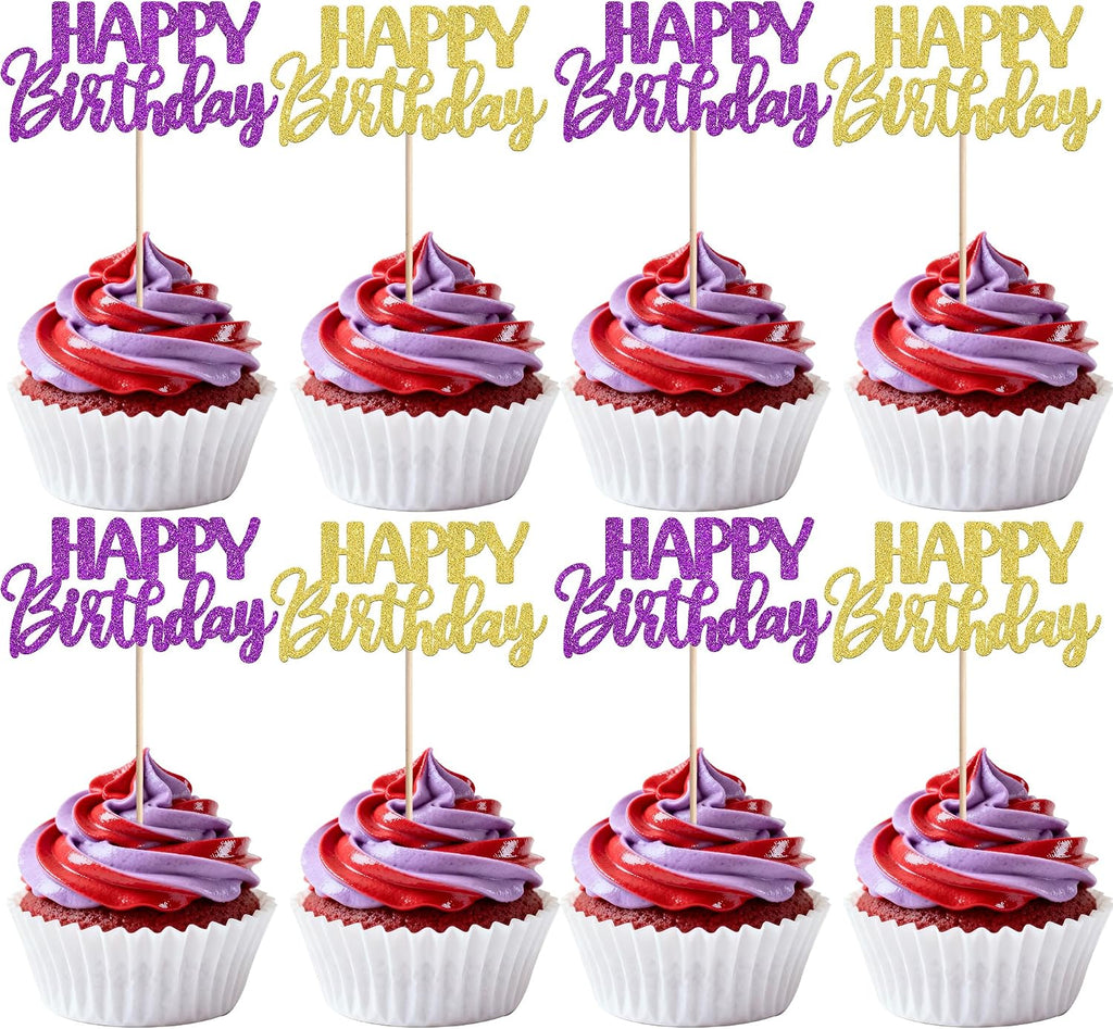 30 PCS Happy Birthday Cupcake Toppers Glitter Happy Birthday Cupcake Picks for Celebrating Anniversary Theme Christmas Party Cake Decorations Supplies Gold Purple