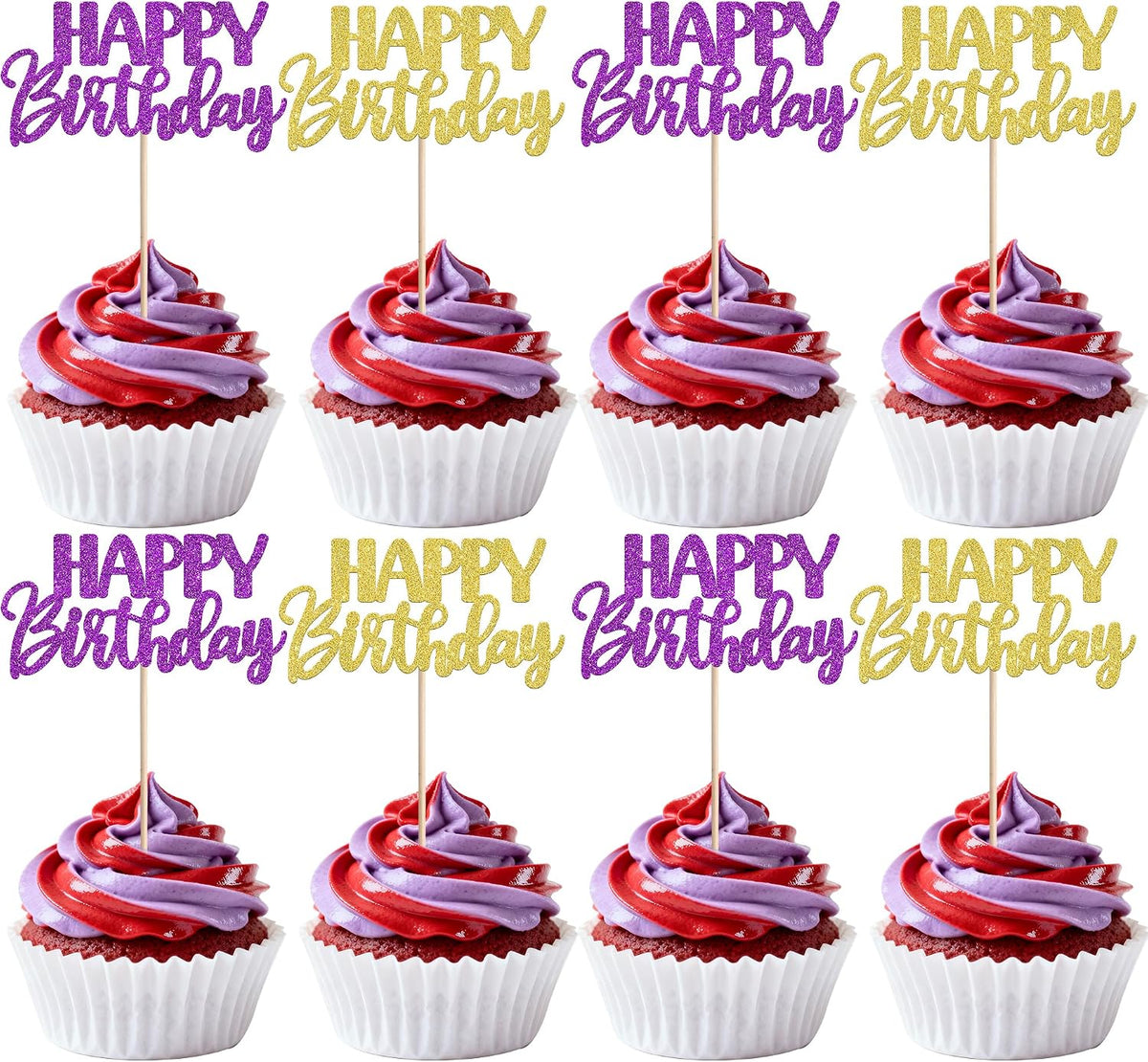 30 PCS Happy Birthday Cupcake Toppers Glitter Happy Birthday Cupcake Picks for Celebrating Anniversary Theme Christmas Party Cake Decorations Supplies Gold Purple