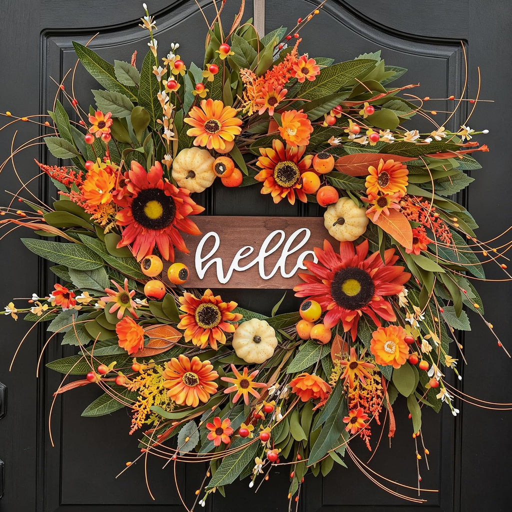 Pinkpum 20" Fall Wreath Front Door Pumpkin Sunflower Pine Cones Wall Decor