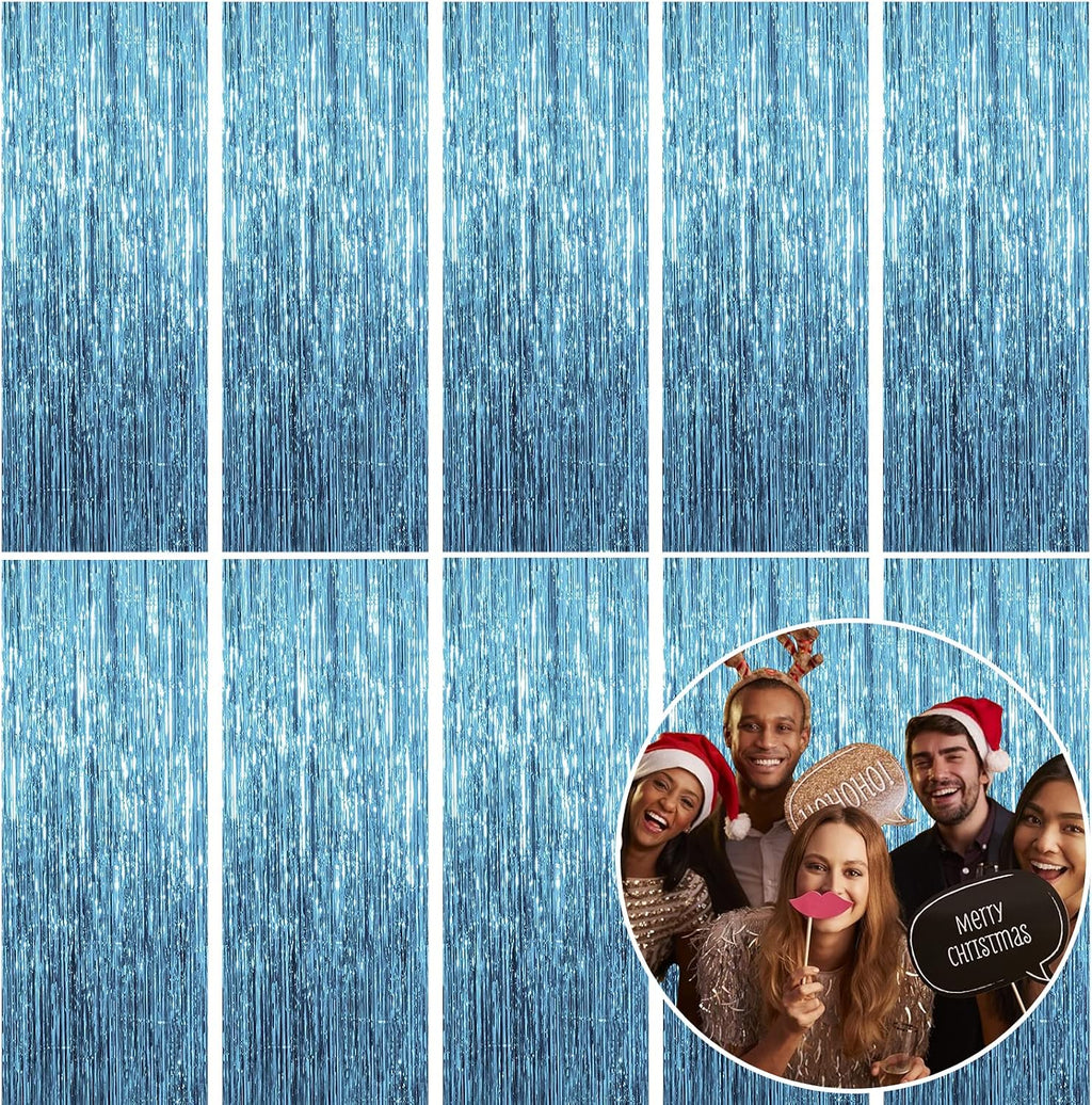 10 Pack Foil Curtain Backdrop Blue Metallic Tinsel Foil Fringe Curtains Photo Booth Props for Birthday Wedding Engagement Baby Shower Bachelorette Christmas Holiday Celebration Party Decorations