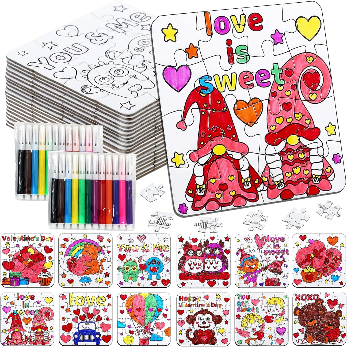 24Pcs Valentines Day Crafts Gifts Kits for Boys, Girls & Adults, Valentine's Arts and Crafts DIY Puzzle with Chocolate Cake Heart Owl, Jigsaw for Classroom Activities Party Favors Exchange Supplies