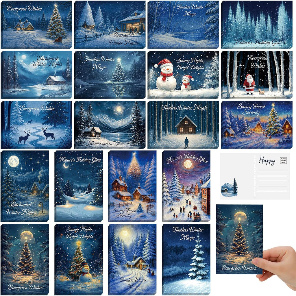 Nuanchu 80 Pcs Winter Forest Holiday Cards Bulk 4 x 6 Inch Christmas Tree Postcard Moonlight Silent Night Snow Scene Xmas Blank Holiday Cards for Friends Relatives Family, 20 Designs