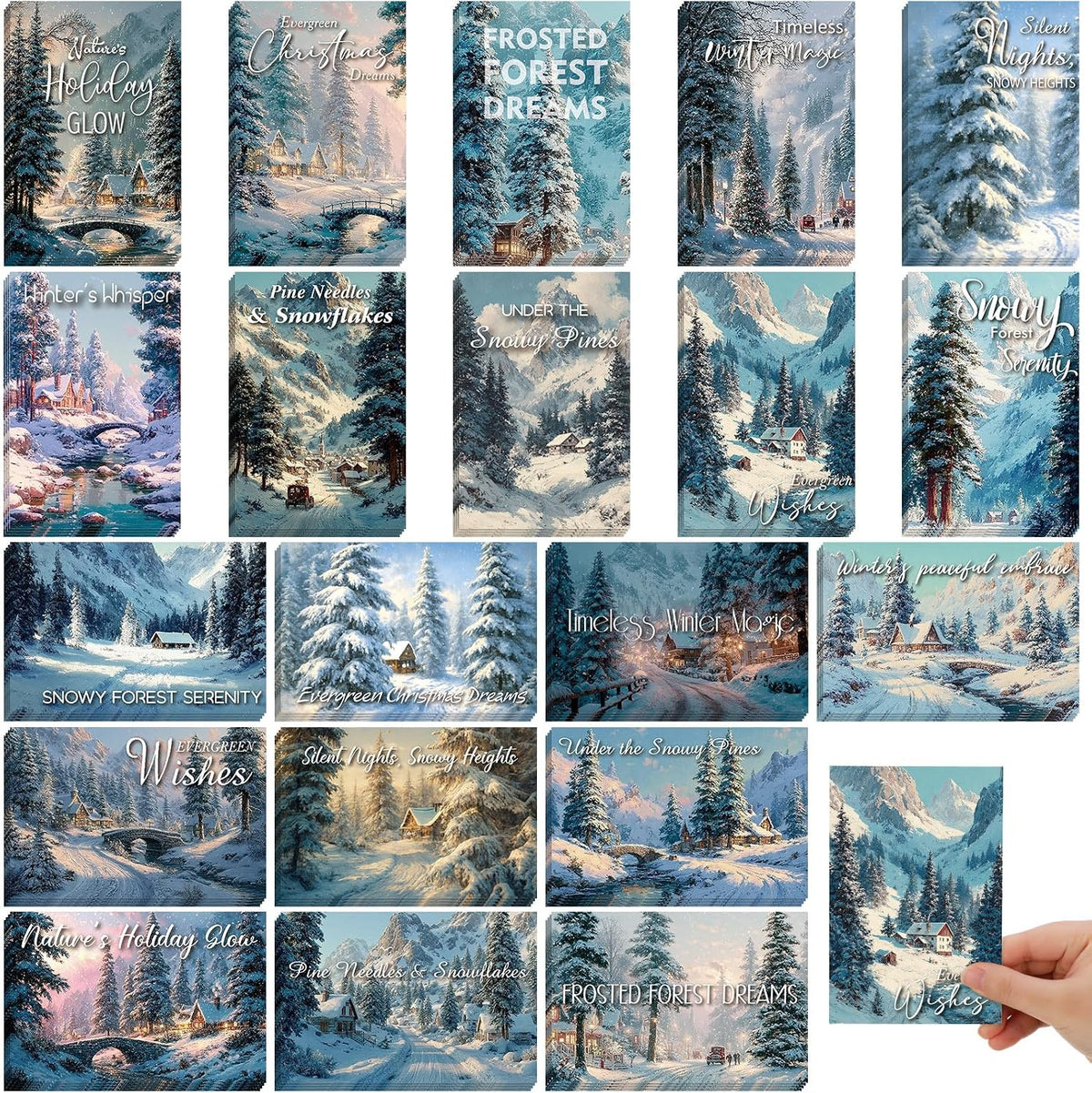 Nuanchu 80 Pcs Winter Snowy Forest Holiday Cards Bulk 4 x 6 Inch Christmas Pine Tree Postcards Xmas Snowy Mountain Greeting Card for Winter Holiday Birthday Party, 20 Designs