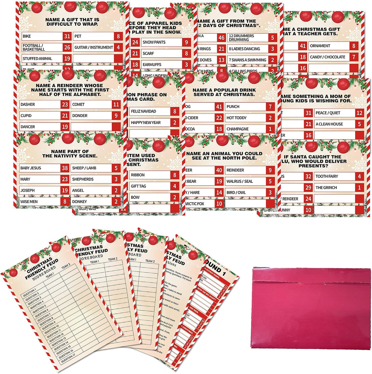 Christmas Friendly Feud Game, Xmas Balls Themed Party Game for Family, Winter Party Supplies and Activities Decorations, Holiday Trivia Games for Large Groups, 1 Pack(01)
