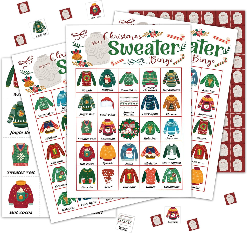 Christmas Sweater Bingo Games for Family Friends, Sweaters Games for Adults, Sweater Party Decor Supplies Favors, Merry Christmas Holiday Game for Indoor, 24 Players Game Cards -11