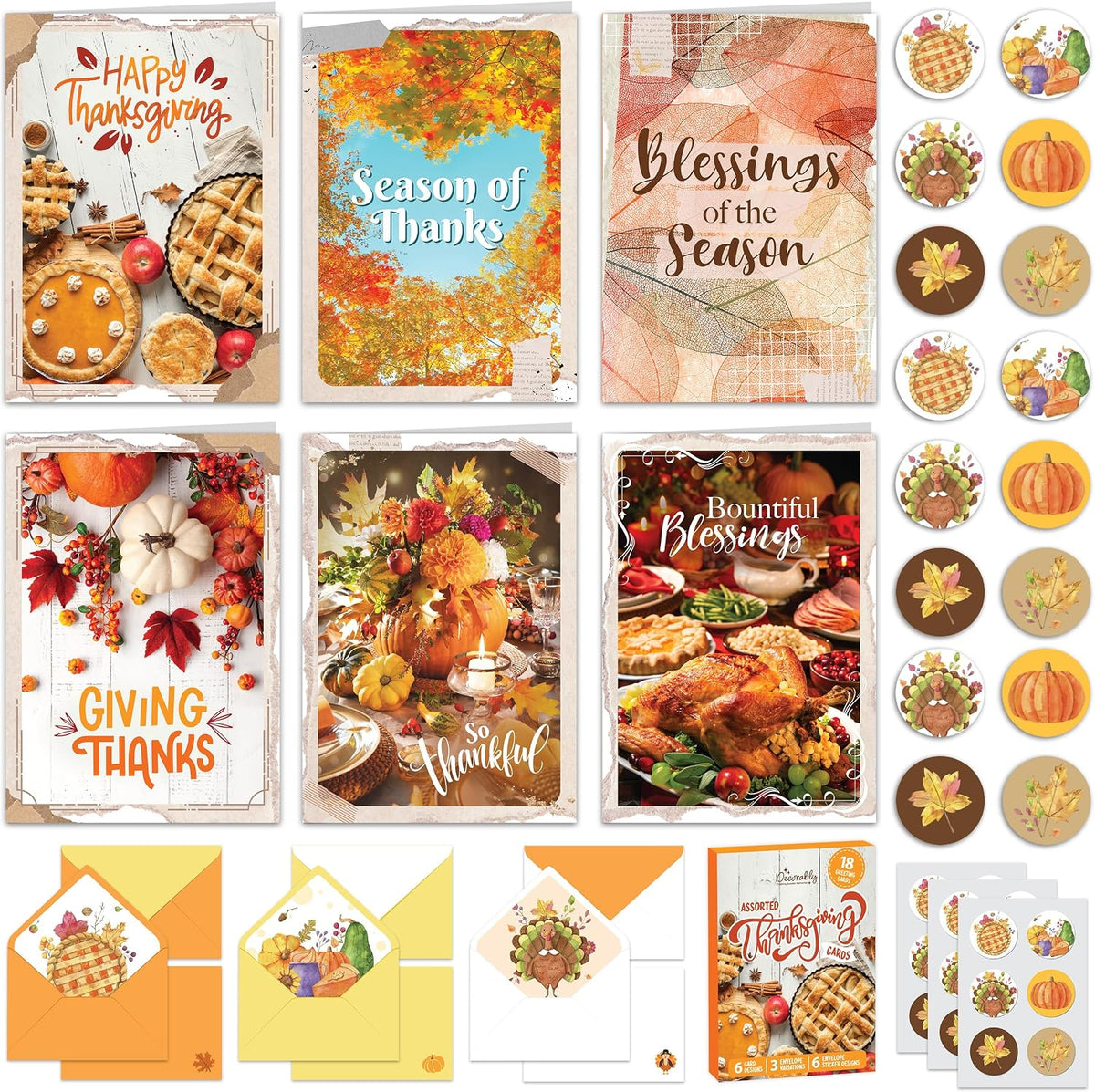 Decorably 18 Pack 5x7in Happy Thanksgiving Cards with Envelopes & Stickers