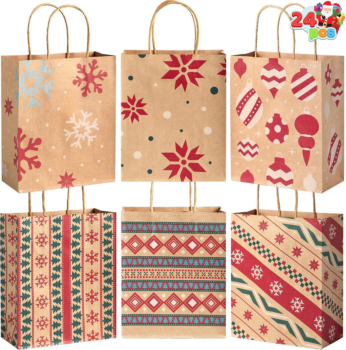 JOYIN 24 PCS Christmas Kraft Gift Bags for Present Wrapping, Holiday Paper Goody Gift Treat Candy Bags for Xmas Decor Supplies Classrooms Wedding and Party Favors (9" x 7.3" x 3.3")