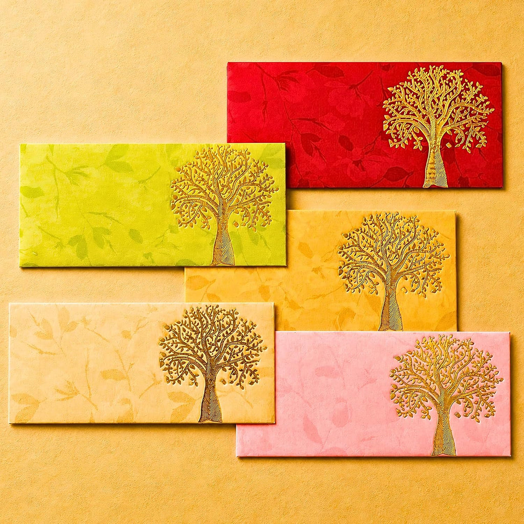 LoveNspire Money Envelopes (7.5 x 3.5 Inch) Elegant Tree of Life Pattern Shagun Lifafa for Indian Wedding, Birthday | Cash Gift Holder & Home Savings Organizer Pack of 25