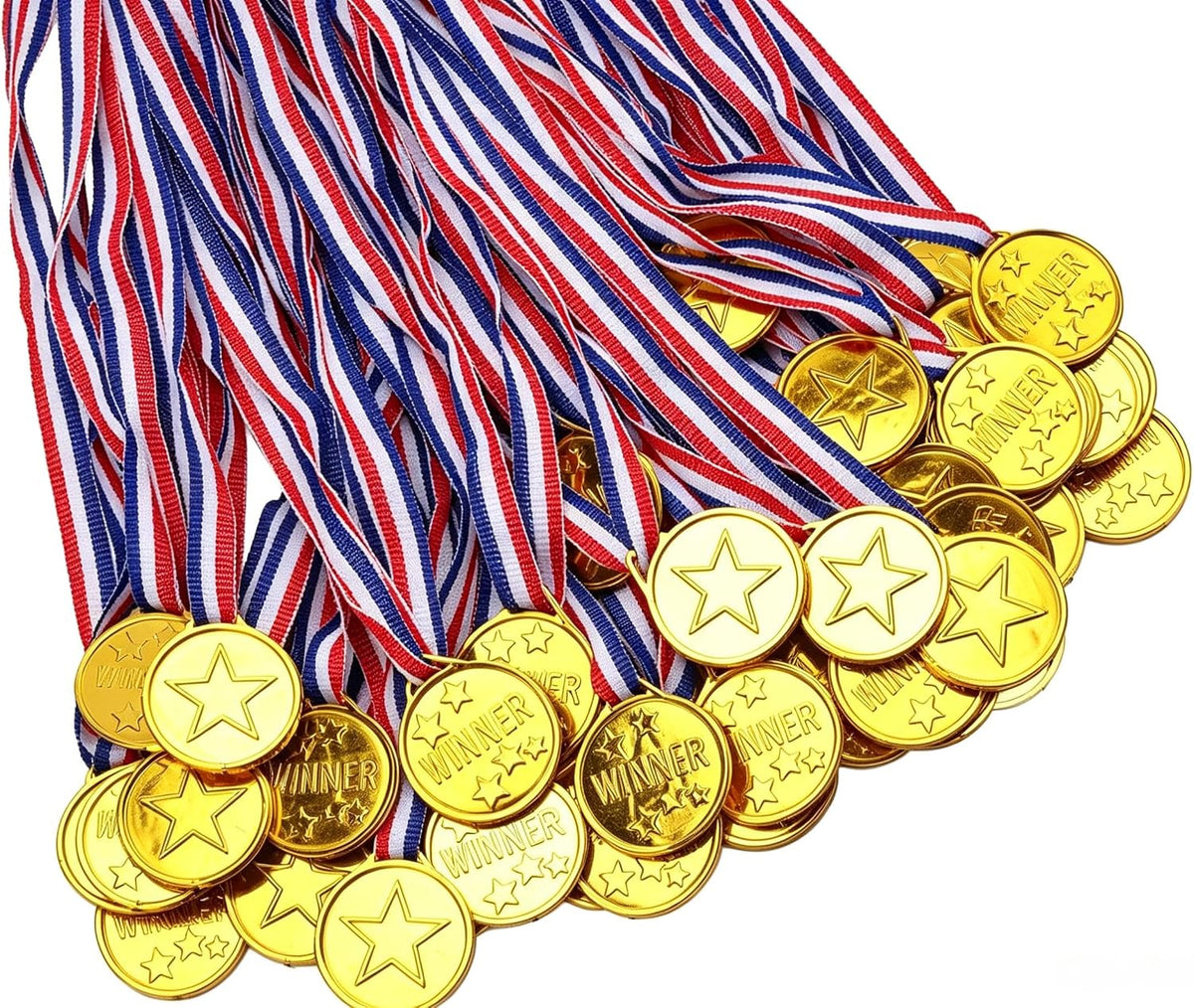 100 Pieces Gold Medals for Kids Medals for Awards Plastic Winner Award Medals for Sports, Competition, Talent Show, Spelling Bee Birthday Party Favors Gifts