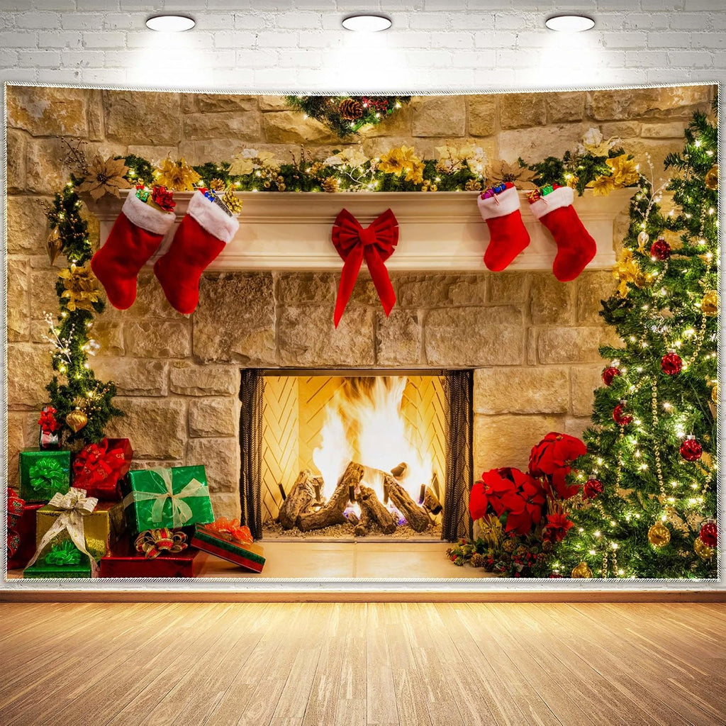 7x5ft Christmas Fireplace Theme Backdrop for Photography