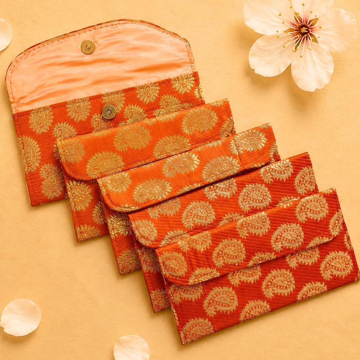 LoveNspire Brocade Fabric Money Envelopes (7.5 x 3.5 Inch) Decorative Paisley Pattern Shagun Lifafa for Indian Wedding, Birthday | Cash Gift Holder & Home Savings Organizer Orange/Pack of 5