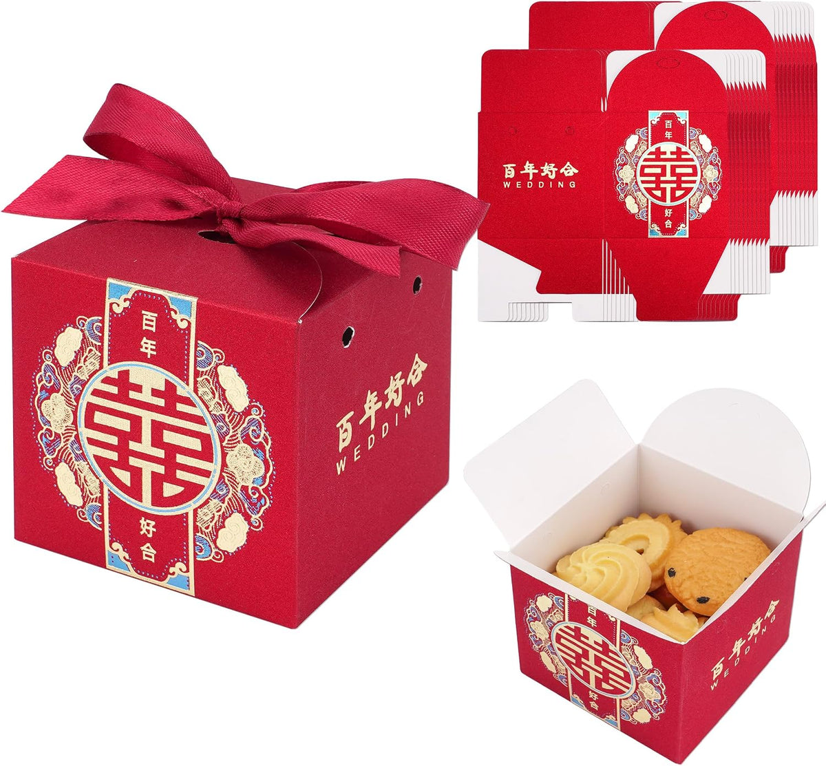 HannaFires 20PCS Chinese Wedding Candy Double Happiness Box - Party Favor Souvenir Decoration Box, Creative Square Favor Boxes for Parties, Traditional Style Gift for Guests, Thank-you Gift (Style 13 (20Pcs))