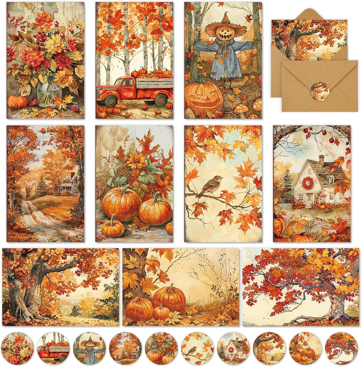 FYSUIMU Fall Greeting Cards 4 x 6 Inch Boxed Autumn Truck Pumpkin Leaves Blank Note Card with Envelopes Stickers Glue Stick for Thanksgiving Harvest Party Supplies, 20 Pack