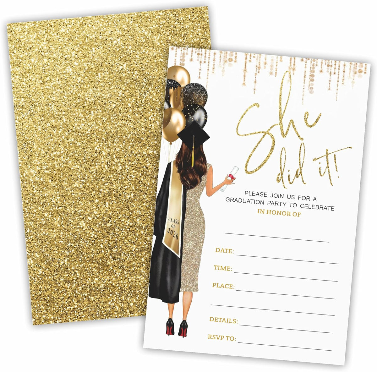 She Did It Graduation Party Invitations -Gloden Balloons & Grad Girl -20 Double-sided Fill In Invite Cards With Envelopes For College , High School , University Grad -Party Decorations & Supplies -D01