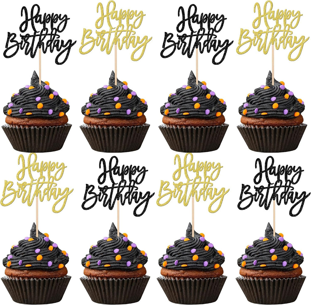 24 PCS Happy Birthday Cupcake Toppers Glitter Happy Birthday Cupcake Picks for Celebrating Anniversary Theme Party Cake Decorations Supplies Black Gold