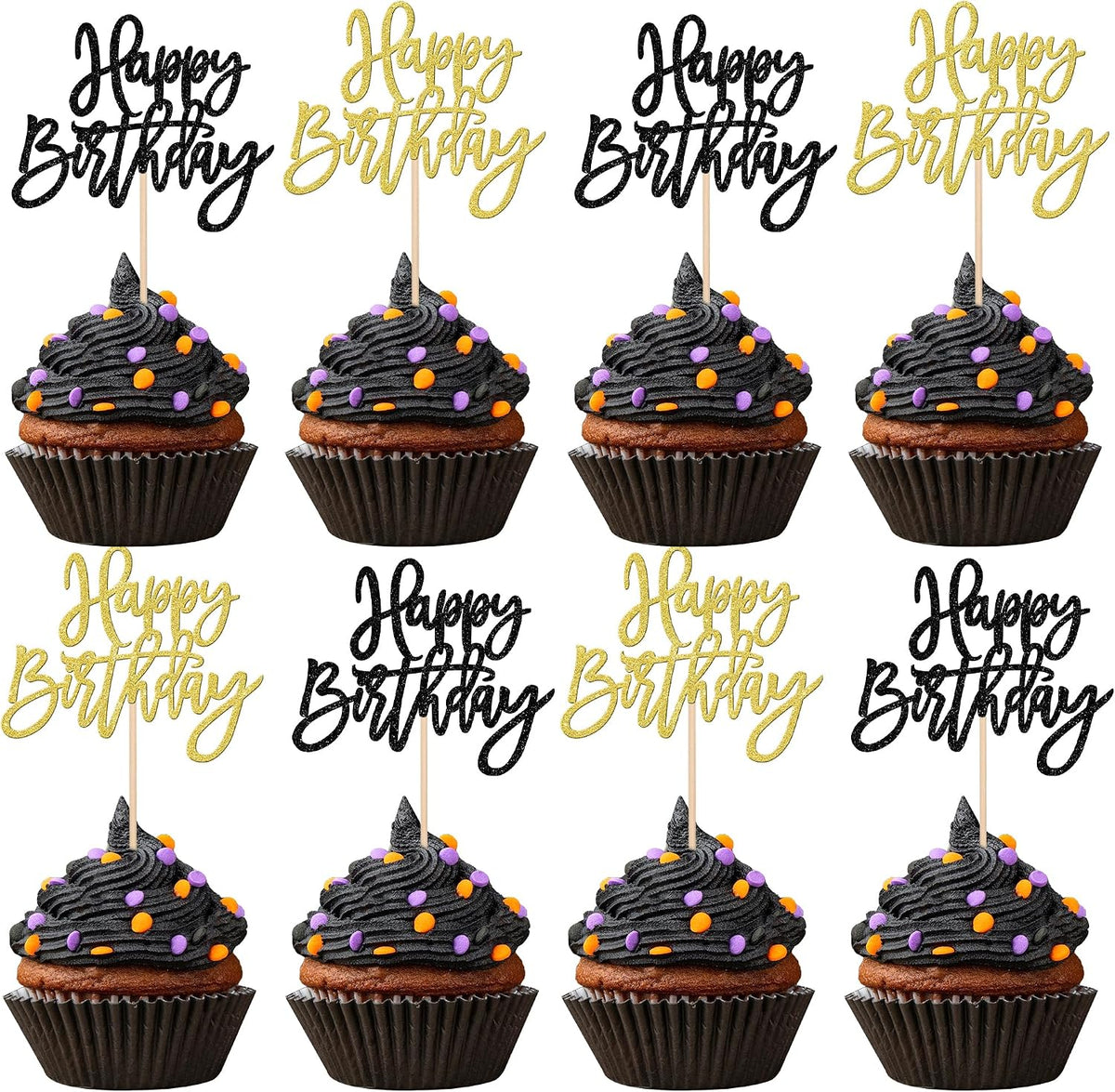 24 PCS Happy Birthday Cupcake Toppers Glitter Happy Birthday Cupcake Picks for Celebrating Anniversary Theme Party Cake Decorations Supplies Black Gold
