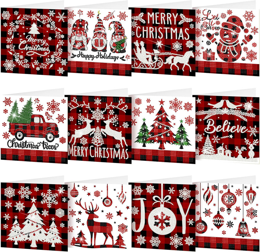 Saillong 12 Pack Plaid Christmas Diamond Greeting Cards with Envelopes