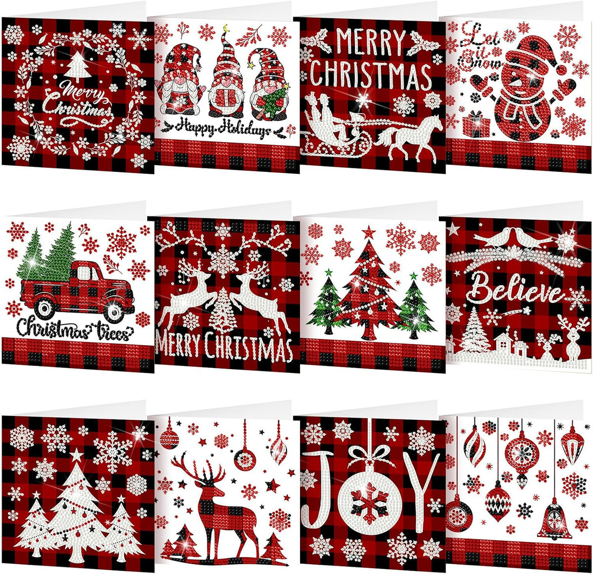 Saillong 12 Pack Plaid Christmas Diamond Greeting Cards with Envelopes