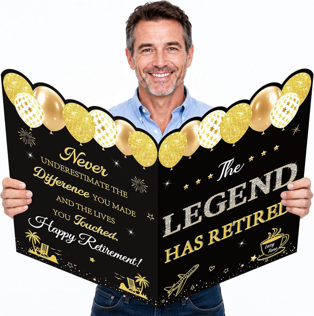 WNINK Black Gold Retirement Card for Men Women, Jumbo Happy Retirement Guest Book Card with Envelope, Large Farewell Signing Card, The Legend Has Retired Party Decorations Gift