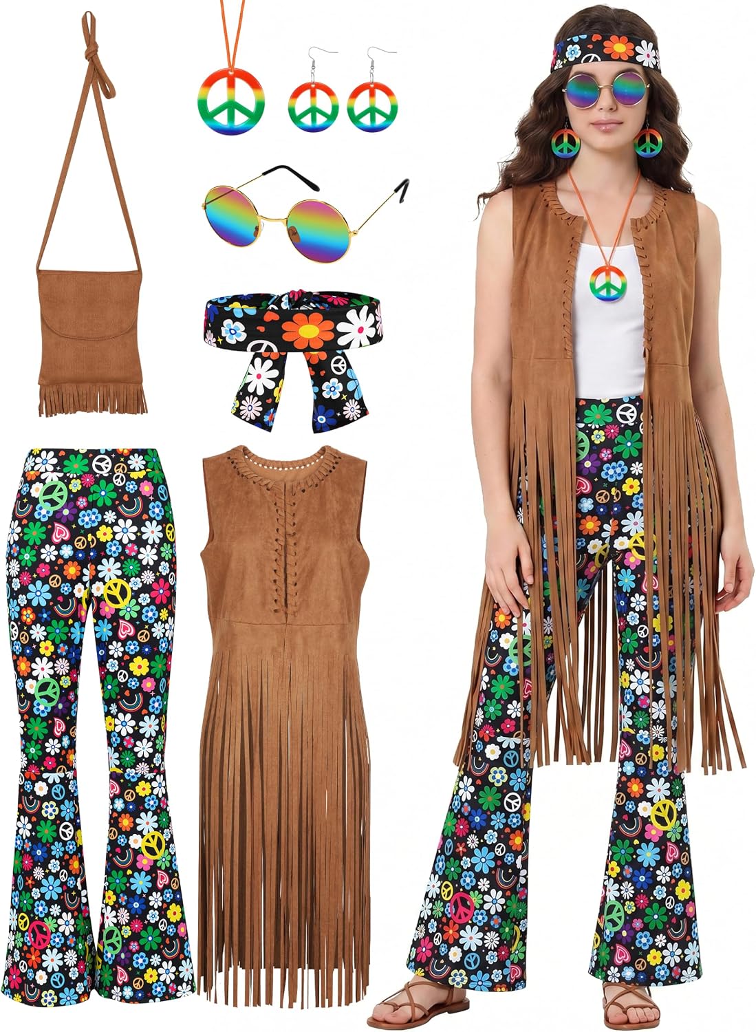 SOMSOC 7 Pieces 60s 70s Women Hippie Costume Fringe Vest Bag Pant Headband for Disco