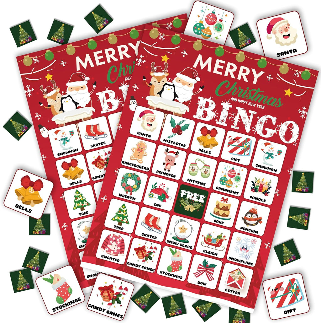 24-Person Christmas Bingo Cards, Watercolor Reindeer Xmas Party Card Game, Red Santa Claus Bingo Game for Family Large Group Activities, Winter Holiday Party Supplies