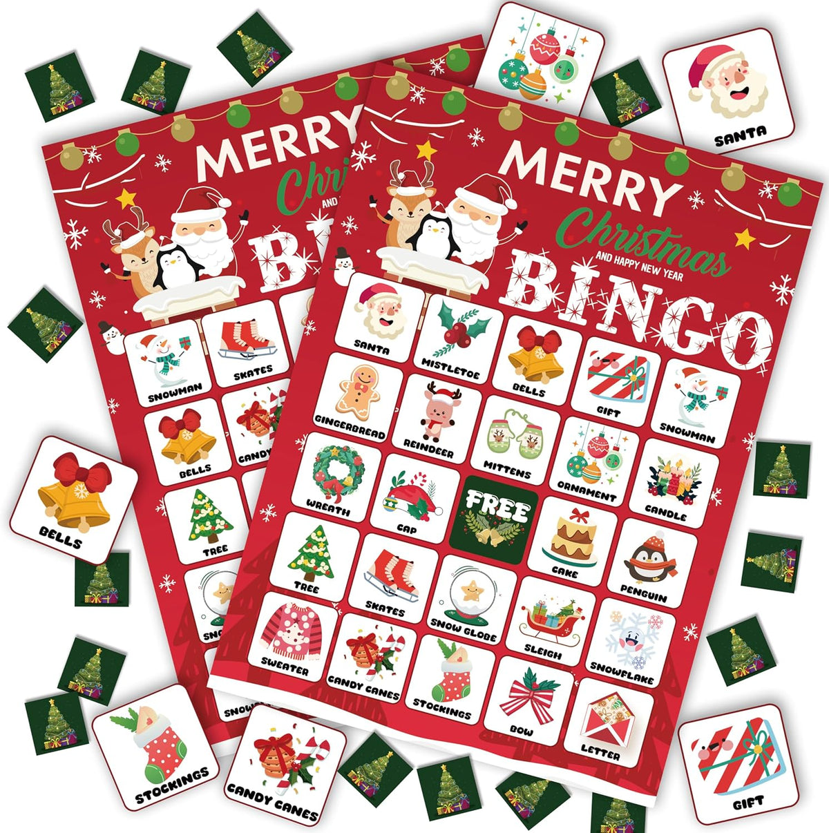 24-Person Christmas Bingo Cards, Watercolor Reindeer Xmas Party Card Game, Red Santa Claus Bingo Game for Family Large Group Activities, Winter Holiday Party Supplies