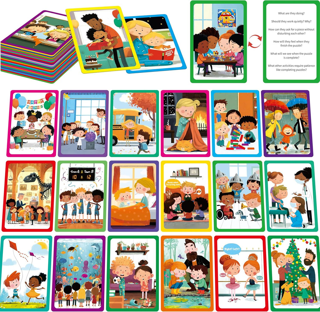 80 Scene Conversation Cards,480+ Questions Of What,Where,Who,Why & How,Materials for Social Skills,Learn Through Friendly Illustrations Of Situations,Develop Emotional Intelligence & Critical Thinking